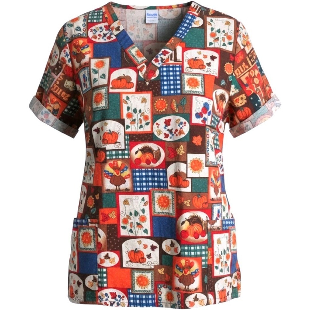 Scrub Wear Thanksgiving Scrub Top Large V-Neck Cotton Pumpkin Turkey Fall Print